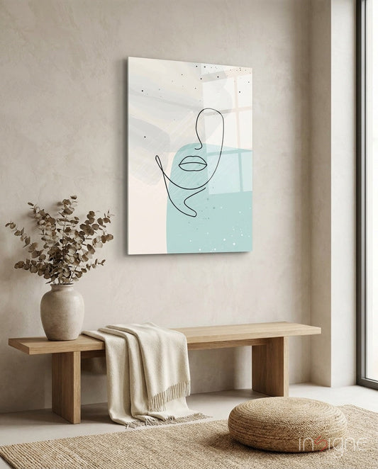 Mint Grey Line Face With Lips Glass Wall Art