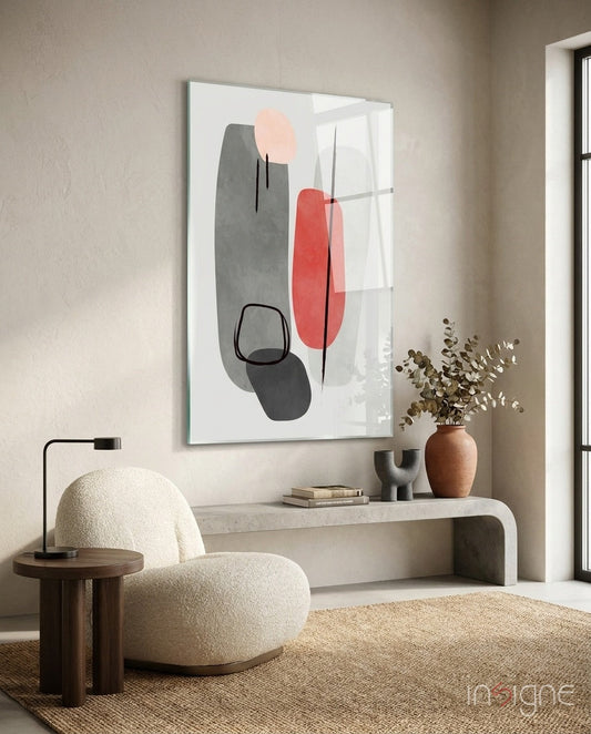 Grey Red Pebble Ovals Line Loops Glass Wall Art