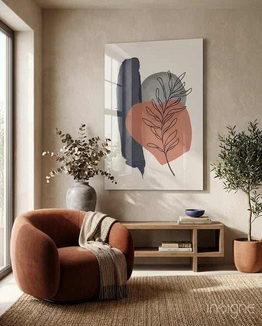 Leaf Sprig Terracotta Navy Brush Glass Wall Art