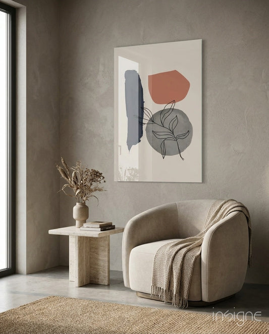 Navy Brush Leaf Grey Circle Glass Wall Art
