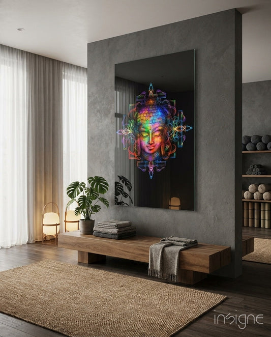 Neon Sacred Geometry Buddha Glass Wall Art