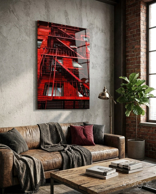 Red Stairs Glass Wall Art