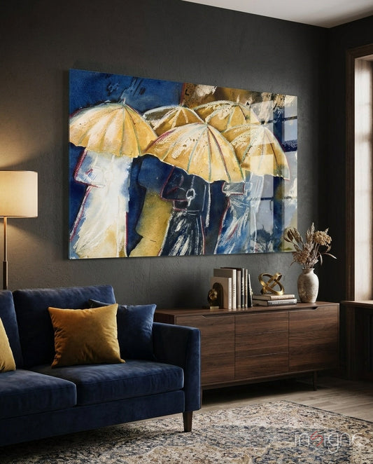 Watercolor Umbrella Crowd On Navy Glass Wall Art