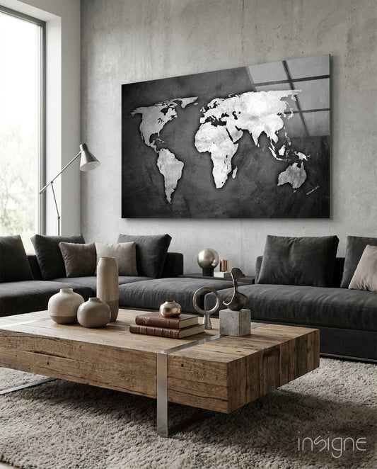 Silver Foil World Map Dark Glass Wall Art