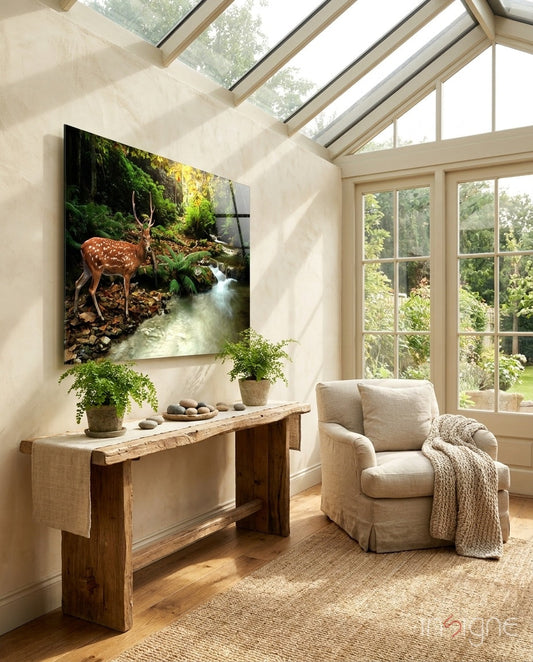 Spotted Deer Forest Stream Glass Wall Art