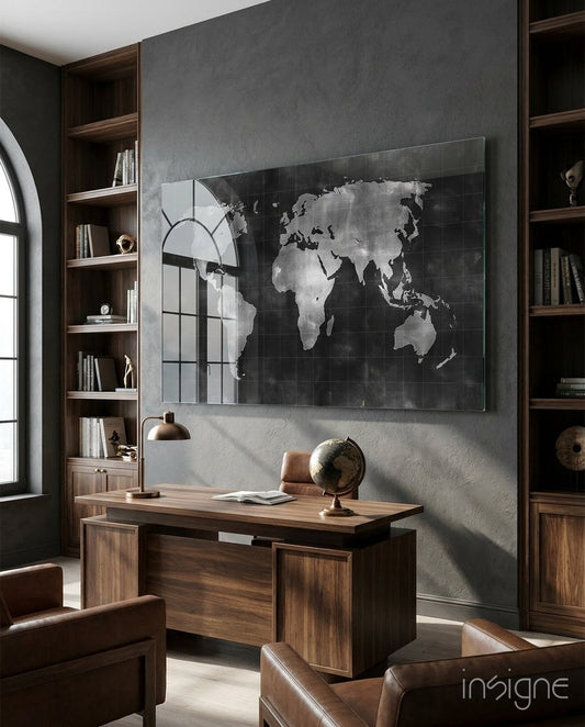 Misty Silver World Map Grid Glass Wall Art