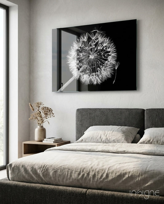 Dandelion Seeds Drifting Black Glass Wall Art