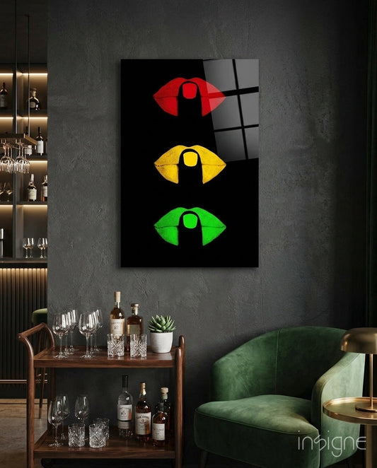 Traffic Light Lips On Black Glass Wall Art