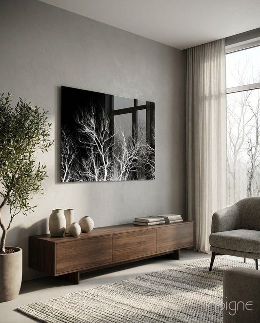 Bare White Branches on Black Night Glass Wall Art