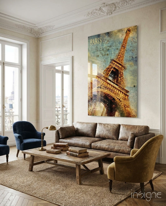 Golden Grunge Paris Eiffel Glass Wall Art