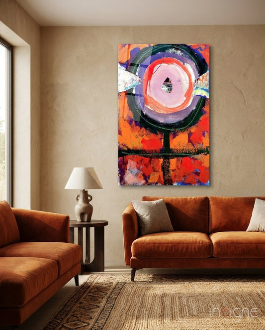 Orange Circular Totem Abstract Glass Wall Art