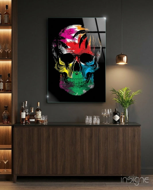 Rainbow Feather Paint Skull Glass Wall Art
