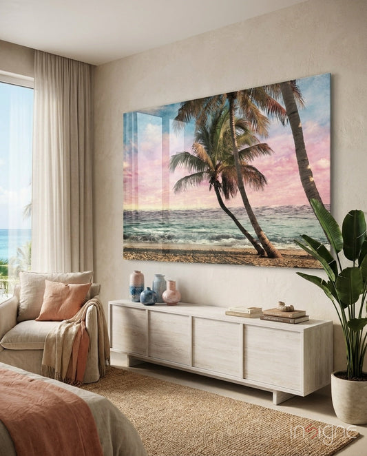 Leaning Palm Trees Pink Sunset Beach Glass Wall Art