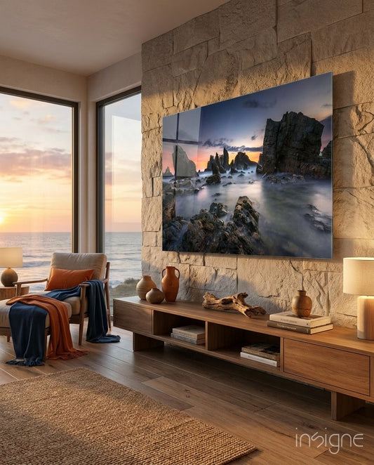 Long Exposure Sea Stacks at Dusk Glass Wall Art