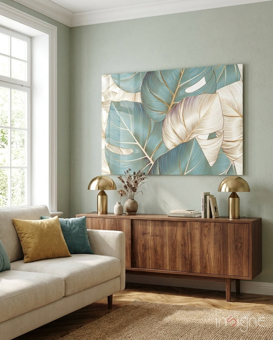 Teal Gold Tropical Leaves Glass Wall Art