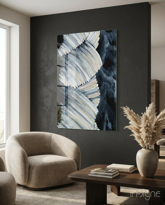 Cream Feather Wings Navy Glass Wall Art