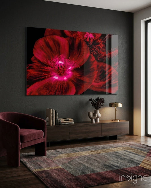 Crimson Poppy With Magenta Center Glass Wall Art