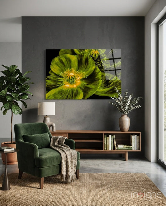Glowing Chartreuse Poppy Bloom Glass Wall Art