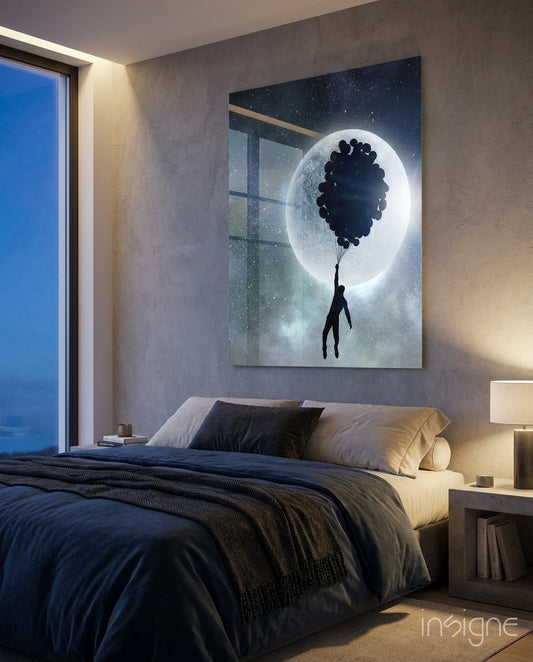 Man Floating on Balloons Full Moon Glass Wall Art