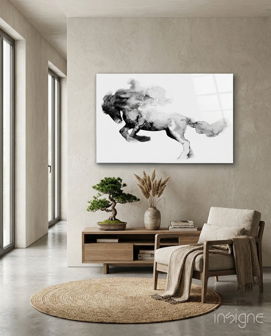 Ink Smoke Galloping Horse Glass Wall Art