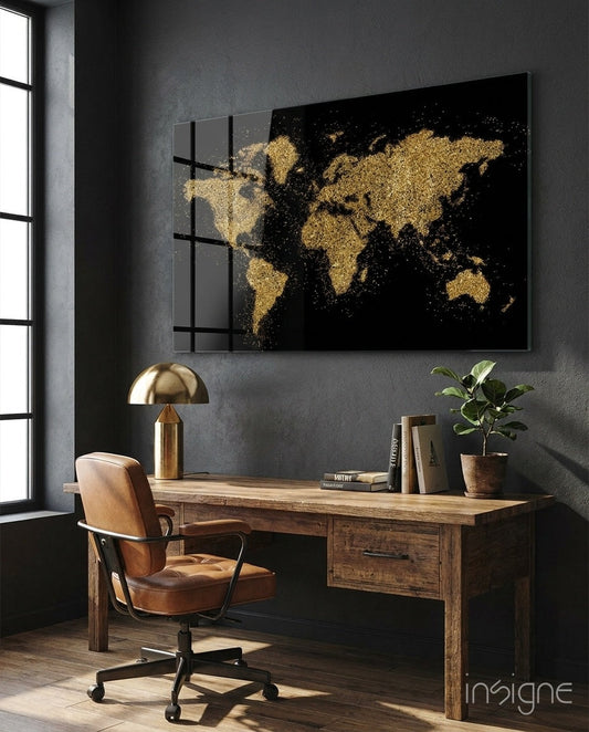 Gold Dust Splatter World Map Glass Wall Art