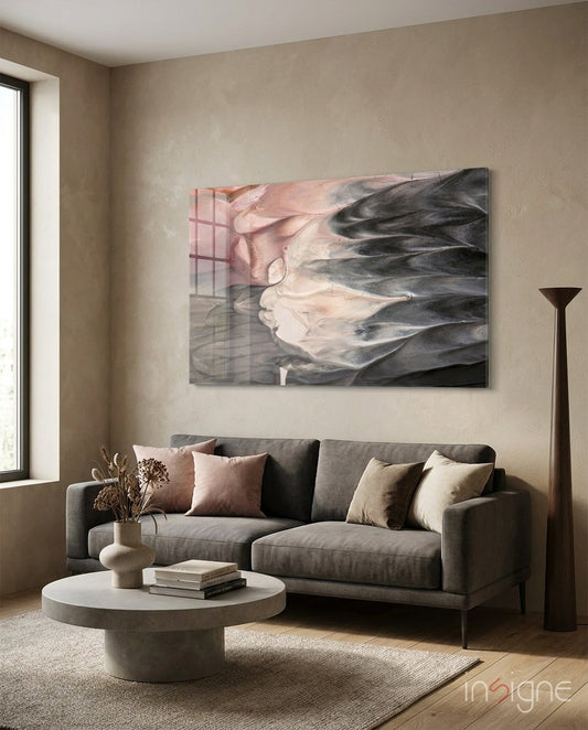 Blush and Charcoal Feather Smoke Glass Wall Art