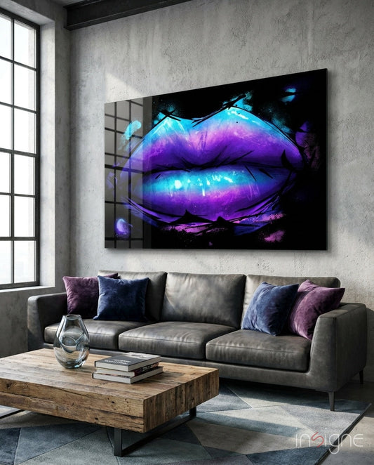 Purple Turquoise Galaxy Painted Lips Glass Wall Art