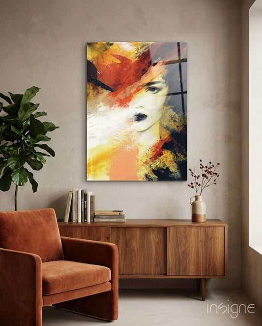 Fiery Orange Abstract Face Glass Wall Art