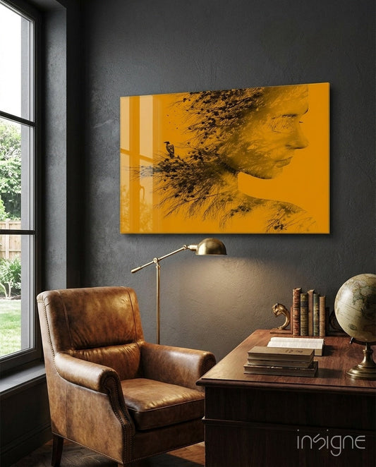 Amber Double Exposure Woman And Bird Glass Wall Art