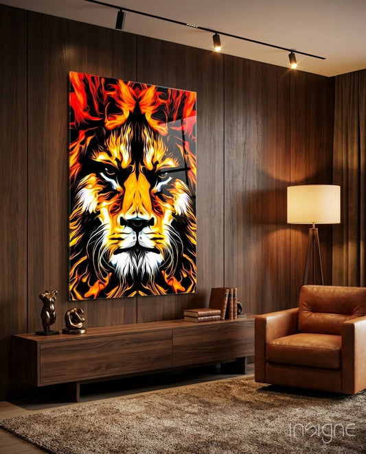 Blazing Fire Lion Portrait Glass Wall Art