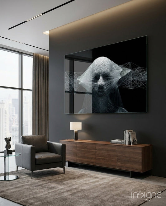 White Wireframe Face On Black Glass Wall Art
