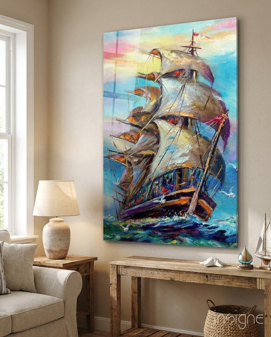 Tall Ship Under Pastel Sky Painting Glass Wall Art