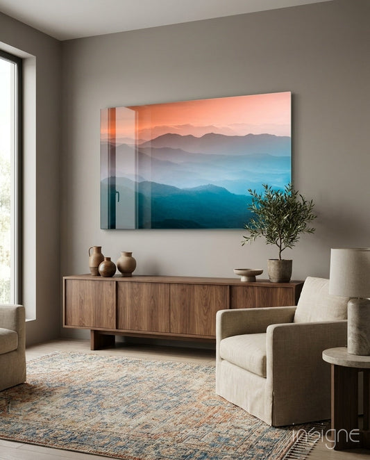 Orange Blue Misty Mountain Layers Glass Wall Art