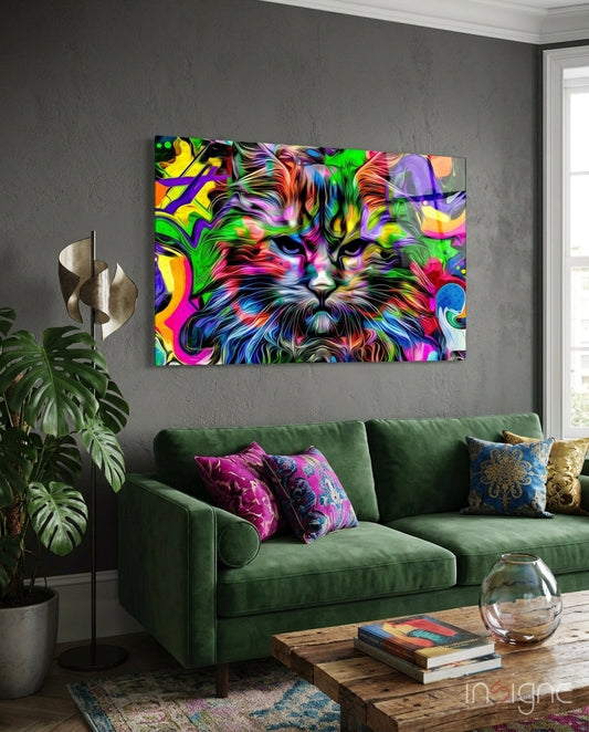 Psychedelic Pop Art Cat Glass Wall Art