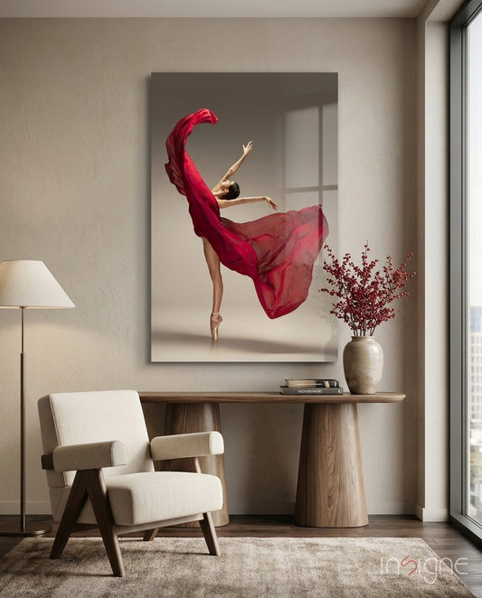 Red Gown Arabesque Ballerina Glass Wall Art