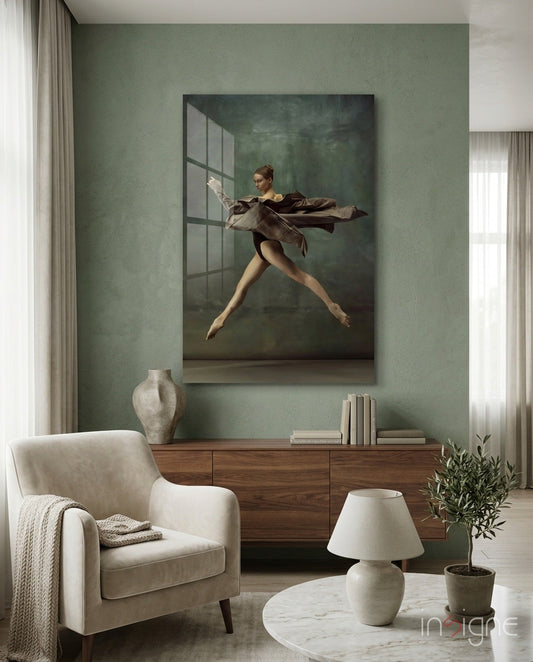 Leaping Ballerina Brown Drape Glass Wall Art