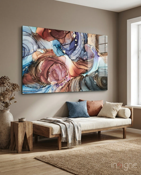 Swirled Copper And Blue Ink Marble Glass Wall Art