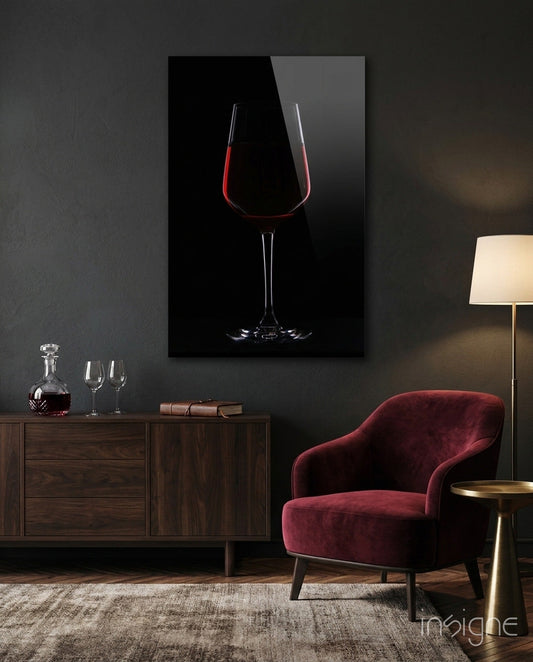 Half Filled Red Wine Glass on Black Glass Wall Art