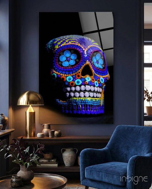 Cobalt Blue Beaded Sugar Skull Glass Wall Art
