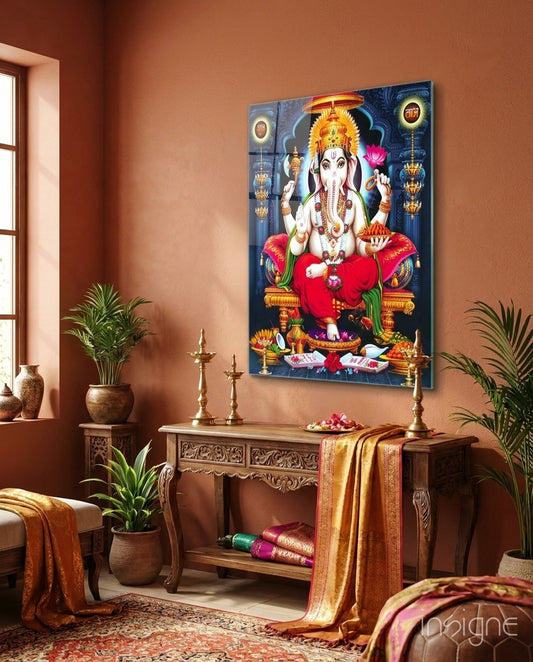 Blue Temple Lotus Throne Ganesha Glass Wall Art