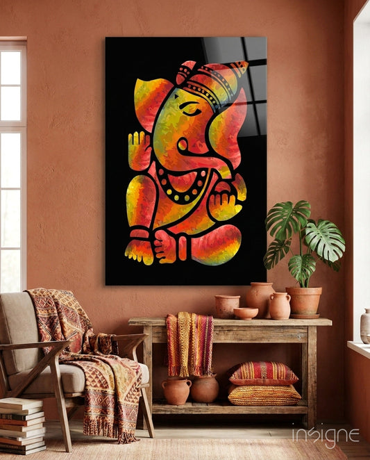 Fiery Red And Yellow Stylized Ganesha Glass Wall Art