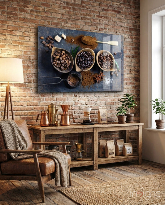 Blue Table Coffee Beans And Star Anise Glass Wall Art