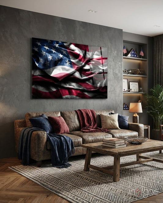 Waving American Flag in Dark Tones Glass Wall Art