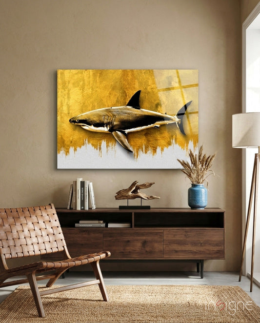 Gold Brushstroke Backdrop Shark Glass Wall Art