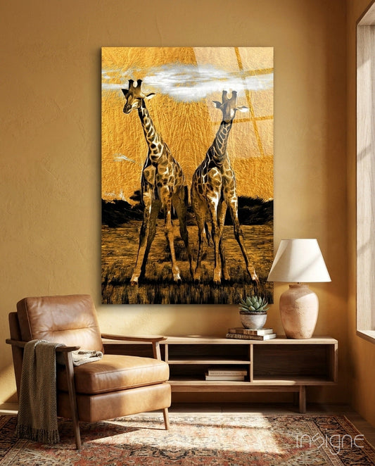 Amber Sun Two Walking Giraffes Glass Wall Art