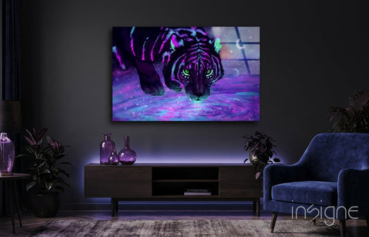 Neon Purple Cosmic Tiger Glass Wall Art