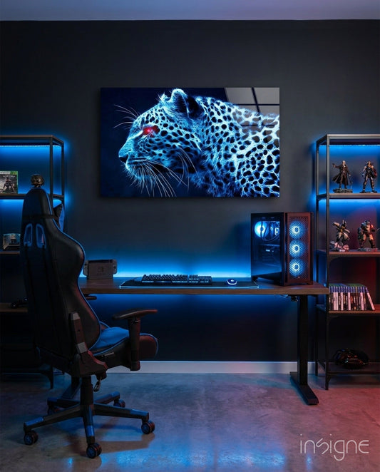 Glowing Blue Neon Leopard Glass Wall Art