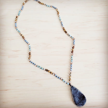 **Amazonite & Crystal Long Beaded Necklace w/ Druzy Pendant 262u
