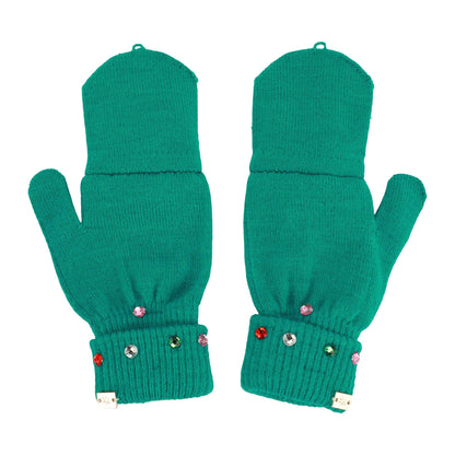 Emerald Knit Rhinestone Beanie and Mittens Set Otarealm