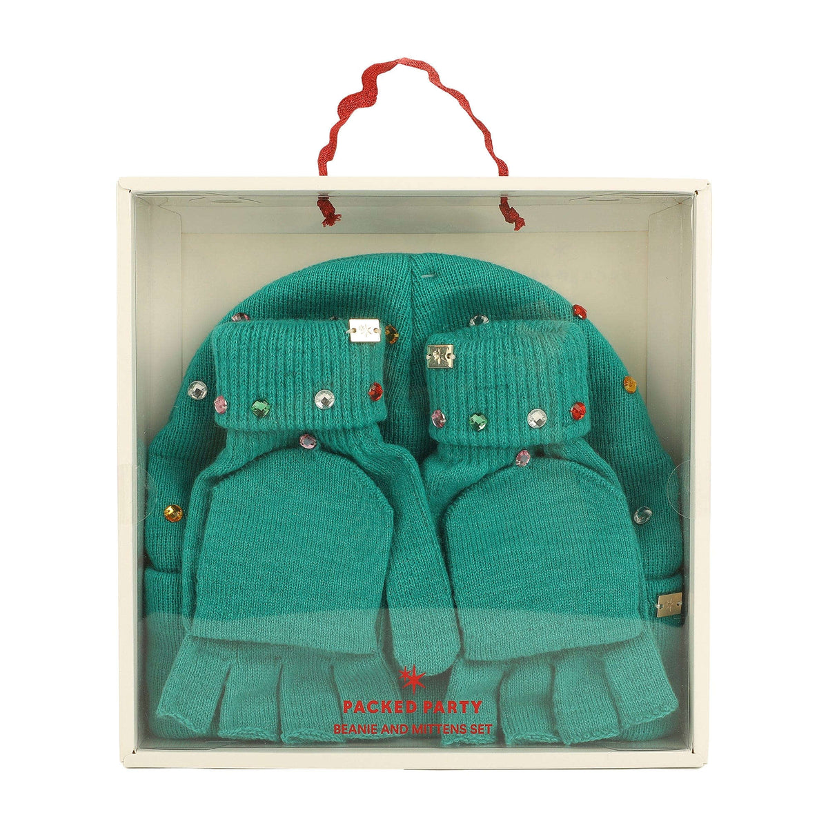 Emerald Knit Rhinestone Beanie and Mittens Set Otarealm